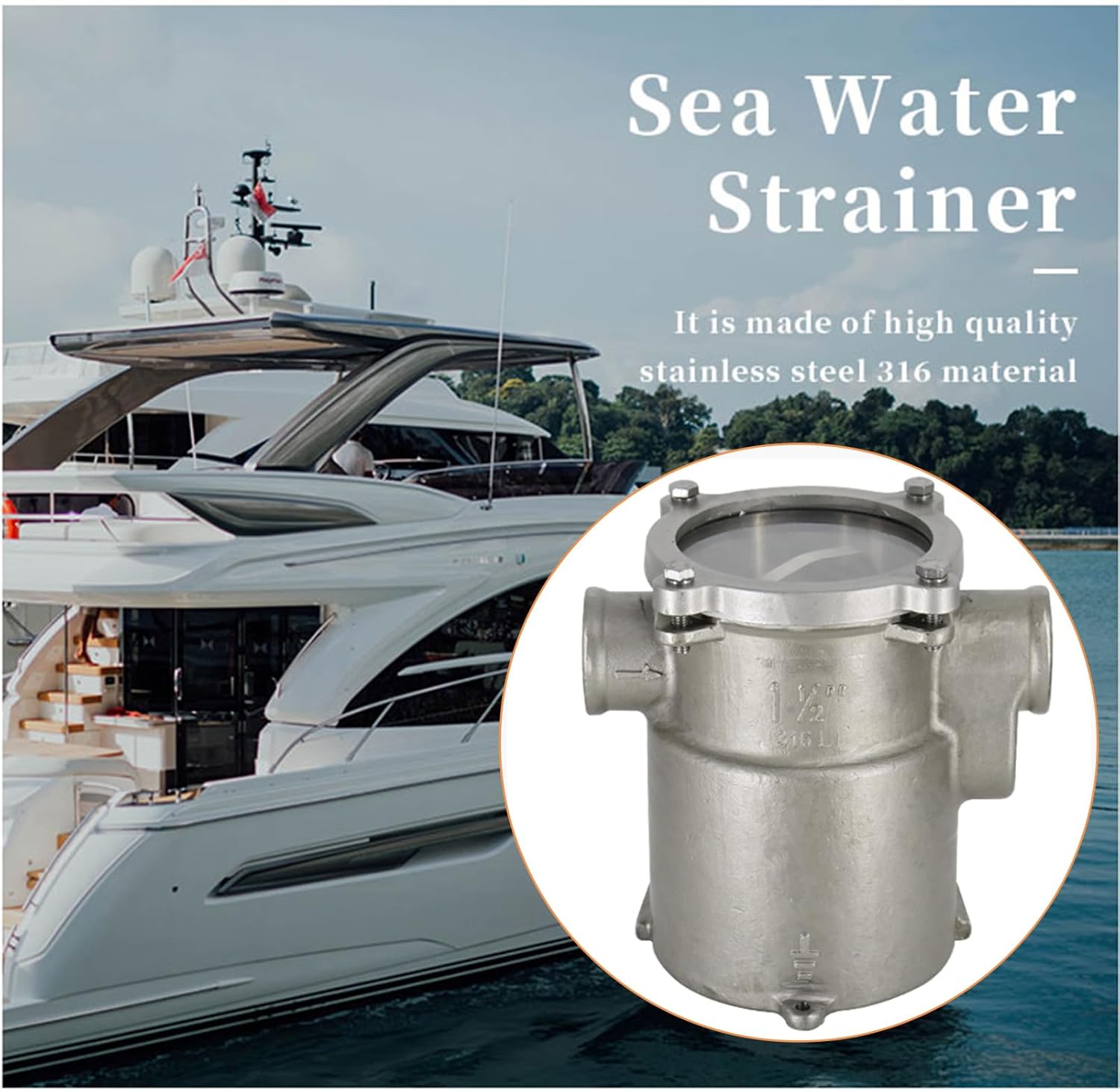 FOTN Marine Seawater Strainer,316 Stainless Steel Sea Water Strainer Seawater Filter for Boat Yacht Ship Hardware Accessories, Silver - Image 3