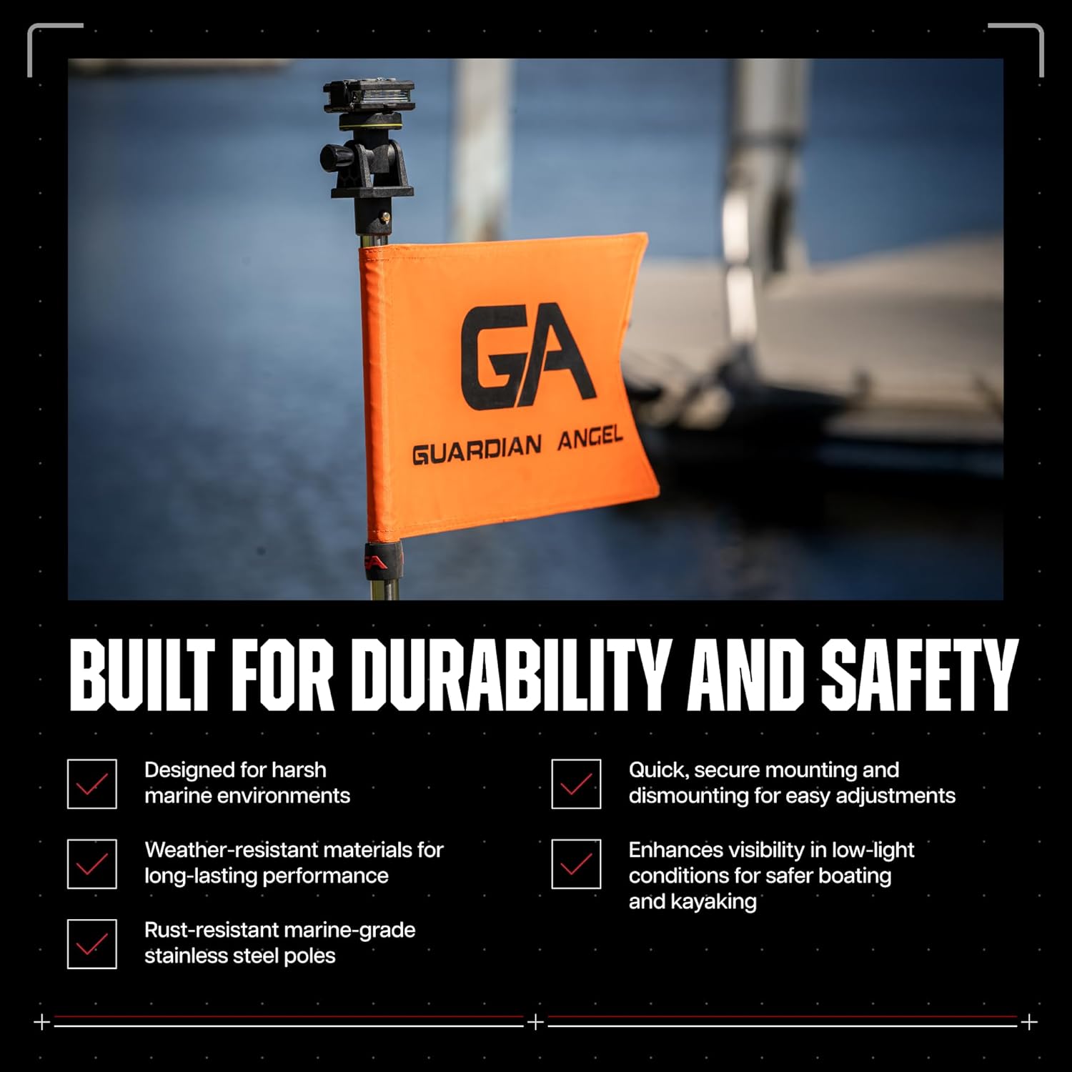 Guardian Angel Marine Mount & Accessory Bundle \u2013 Universal Base, Rotatable Head Mount, (2) 12\u201D and (1) 24" Stainless Steel Poles, Safety Flag, Storage Bag \u2013 for Kayaks, Boats, Paddleboards, & More - Image 6