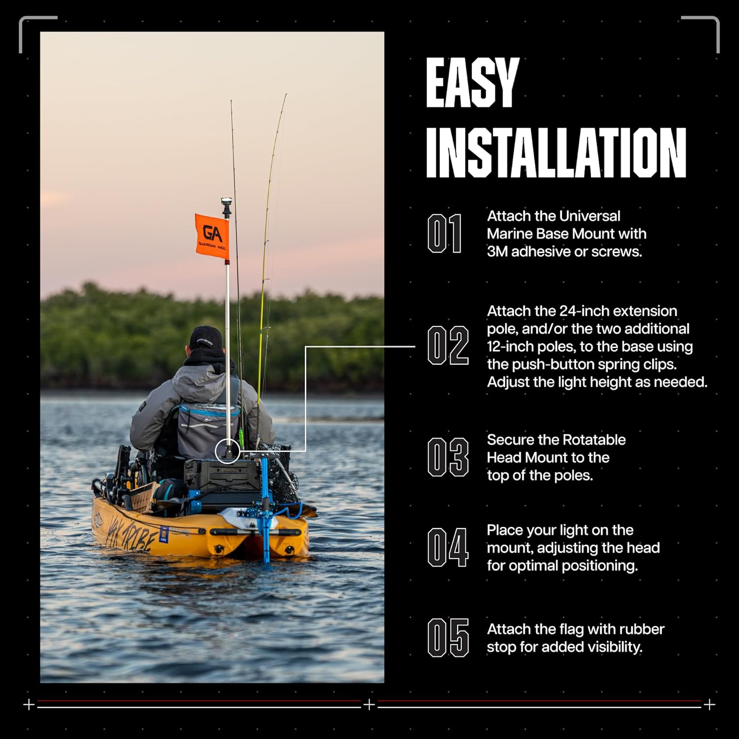 Guardian Angel Marine Mount & Accessory Bundle \u2013 Universal Base, Rotatable Head Mount, (2) 12\u201D and (1) 24" Stainless Steel Poles, Safety Flag, Storage Bag \u2013 for Kayaks, Boats, Paddleboards, & More - Image 3
