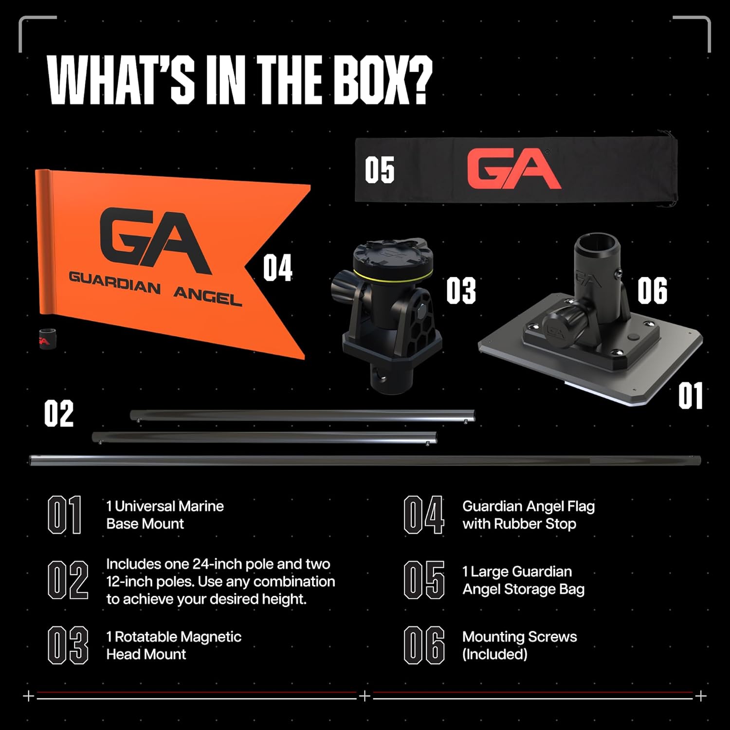 Guardian Angel Marine Mount & Accessory Bundle \u2013 Universal Base, Rotatable Head Mount, (2) 12\u201D and (1) 24" Stainless Steel Poles, Safety Flag, Storage Bag \u2013 for Kayaks, Boats, Paddleboards, & More - Image 4