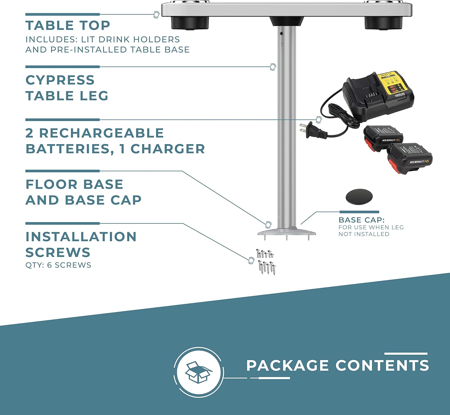 Manufacturers' Select Battery Op Lit Marine Boat Table Leg Set. Large Top with Blue LED Drink Holder. Pontoon Accessories, Pedestal Table (White Glossy Table\/Silver Leg w\/Titanium Grey Mat) - Image 6