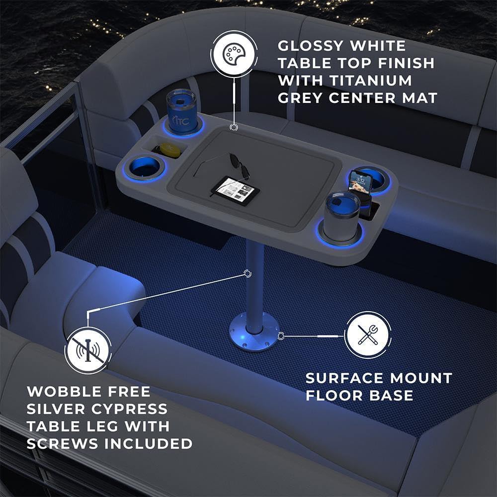 Manufacturers' Select Battery Op Lit Marine Boat Table Leg Set. Large Top with Blue LED Drink Holder. Pontoon Accessories, Pedestal Table (White Glossy Table\/Silver Leg w\/Titanium Grey Mat) - Image 3