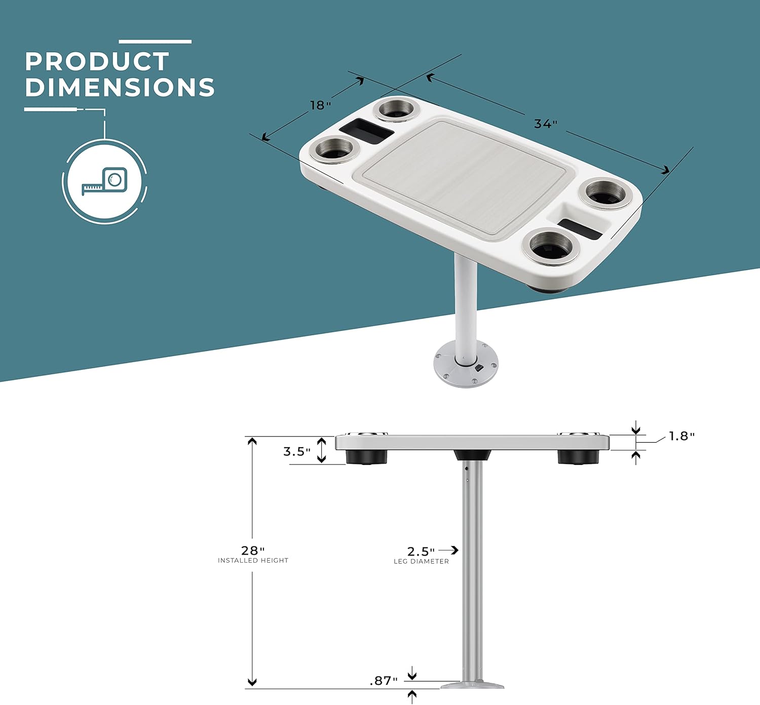 Manufacturers' Select Battery Op Lit Marine Boat Table Leg Set. Large Top with Blue LED Drink Holder. Pontoon Accessories, Pedestal Table (White Glossy Table\/Silver Leg w\/Titanium Grey Mat) - Image 2