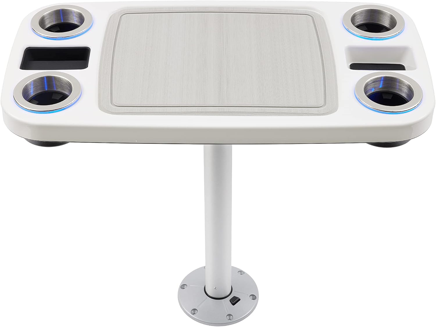 Manufacturers' Select Battery Op Lit Marine Boat Table Leg Set. Large Top with Blue LED Drink Holder. Pontoon Accessories, Pedestal Table (White Glossy Table\/Silver Leg w\/Titanium Grey Mat)