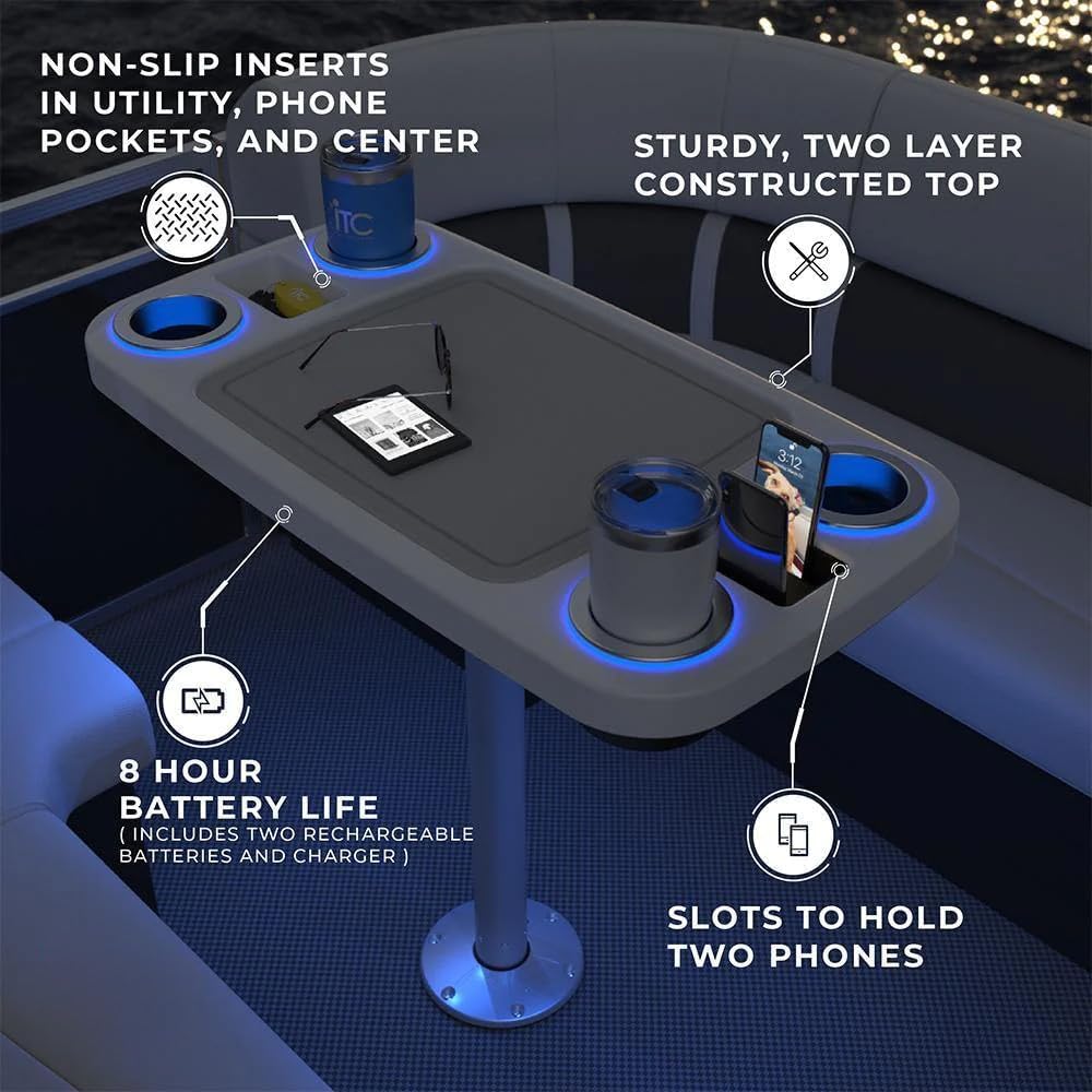 Manufacturers' Select Battery Op Lit Marine Boat Table Leg Set. Large Top with Blue LED Drink Holder. Pontoon Accessories, Pedestal Table (White Glossy Table\/Silver Leg w\/Titanium Grey Mat) - Image 4