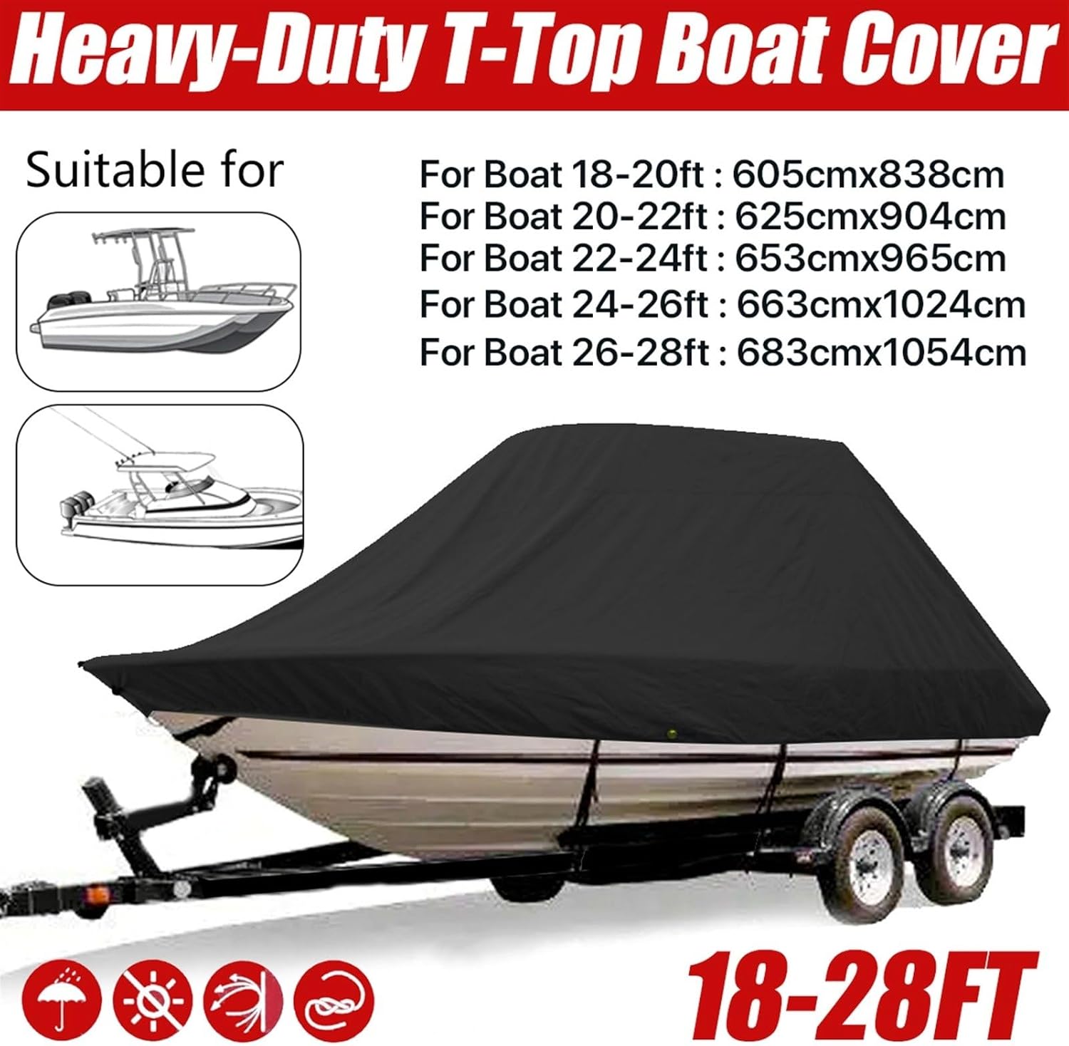 Marine Accessories 600D 18-28Ft Yacht Boat Cover Boat Cover Winter Snow Cover Waterproof Sunshade Heavy Duty Trailer Marine Cover(26-28FT) - Image 2
