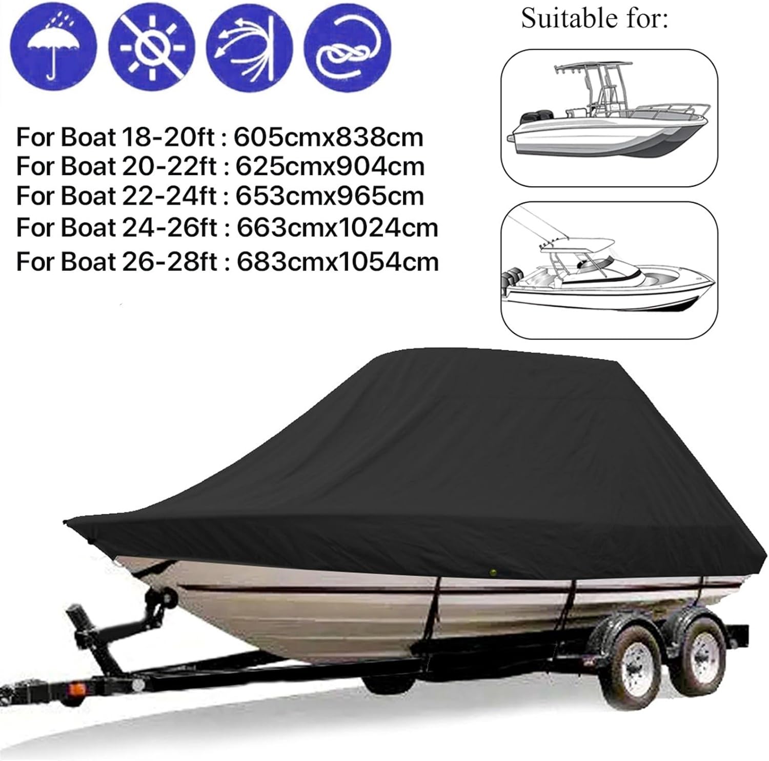 Marine Accessories 600D 18-28Ft Yacht Boat Cover Boat Cover Winter Snow Cover Waterproof Sunshade Heavy Duty Trailer Marine Cover(26-28FT) - Image 3