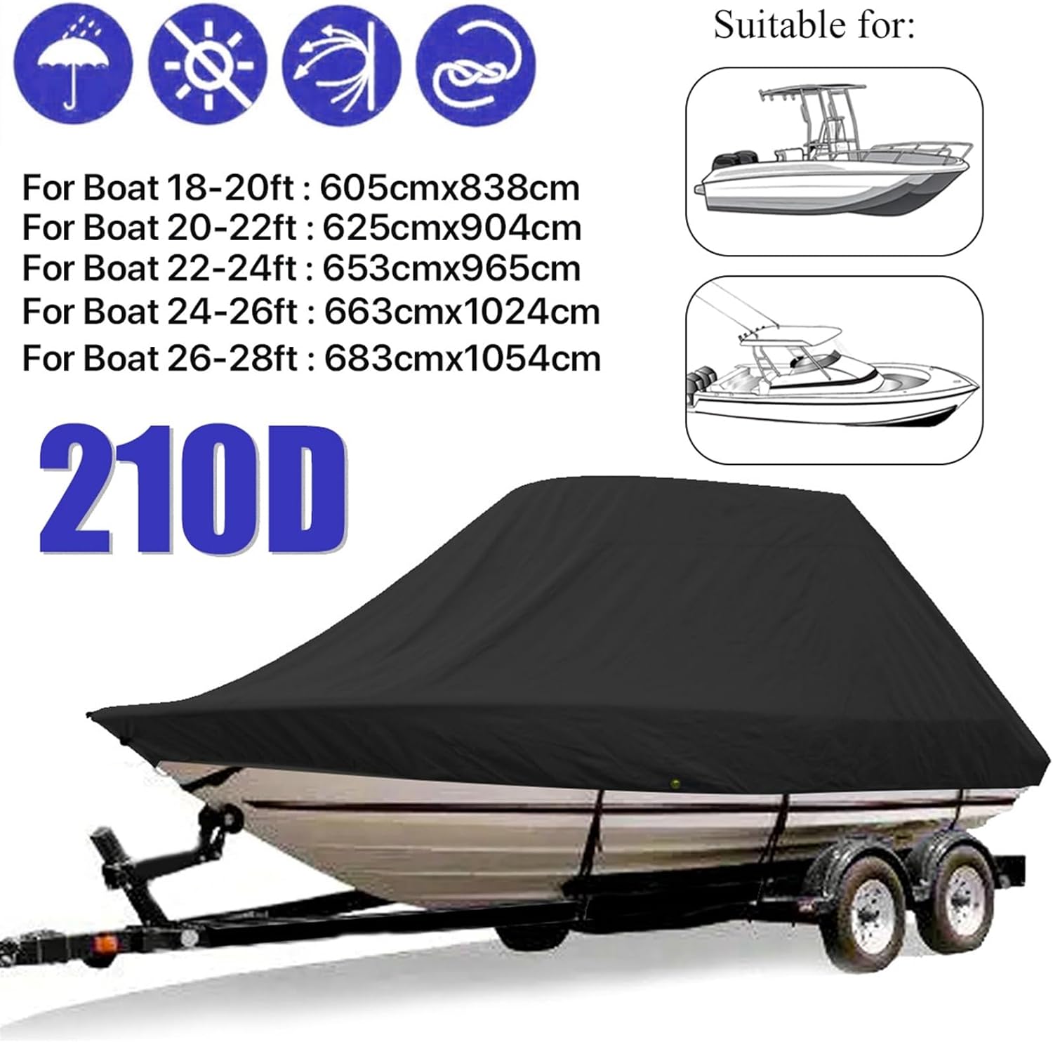 Marine Accessories 600D 18-28Ft Yacht Boat Cover Boat Cover Winter Snow Cover Waterproof Sunshade Heavy Duty Trailer Marine Cover(26-28FT) - Image 6