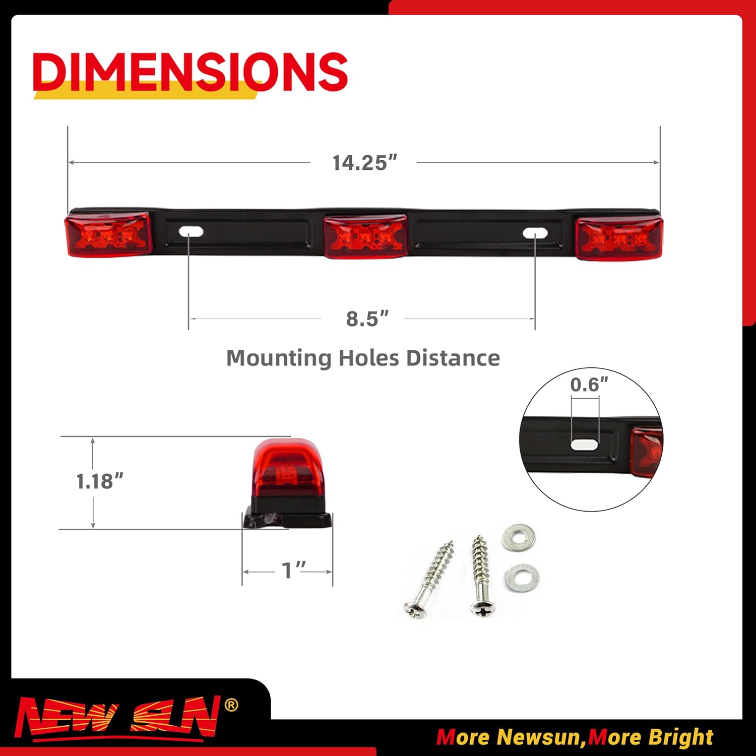 NEW SUN 15" Black stainless Steel 3 Lights 9 LED Identification Light Bar - 1 Pcs Clearance Red Waterproof, Surface Mount Sealed ID Indicator for Trucks Trailers RVs, Top & Side Mark & Break - Image 2