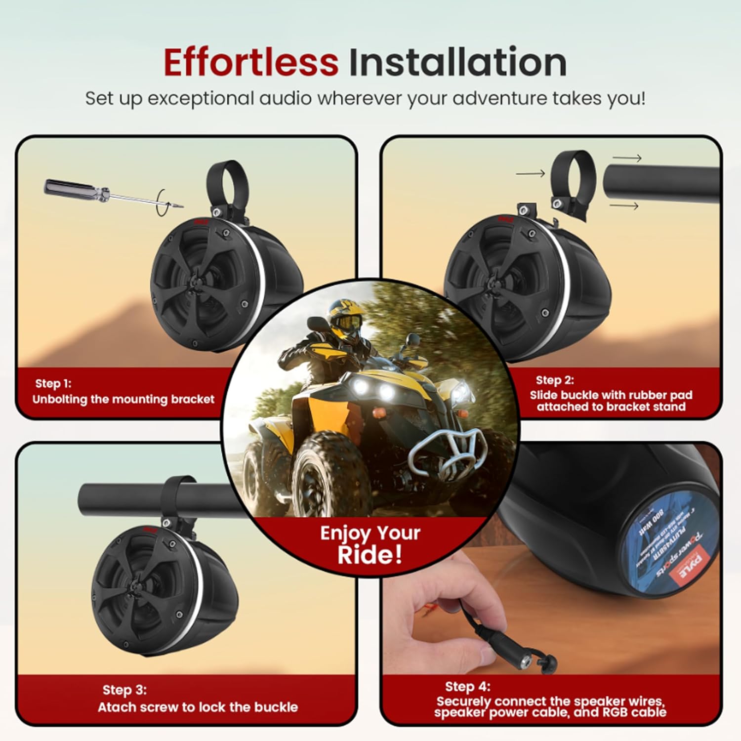 Pyle, Marine Speaker System, 800W, Bluetooth, Waterproof, RGB Lights - 4" Active & Passive Speakers for Boats, ATVs, UTVs, Includes Mounting Accessories, 2-Channel Class D Amp, IP-X5 Rated - Image 6