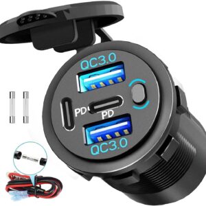 Quad-Port 12V USB Outlet with Switch & LED - 78W Dual QC3.0 & Dual PD3.0 USB C Car Charger Socket for RV Motorcycle Marine Truck Golf Cart Boat Accessories