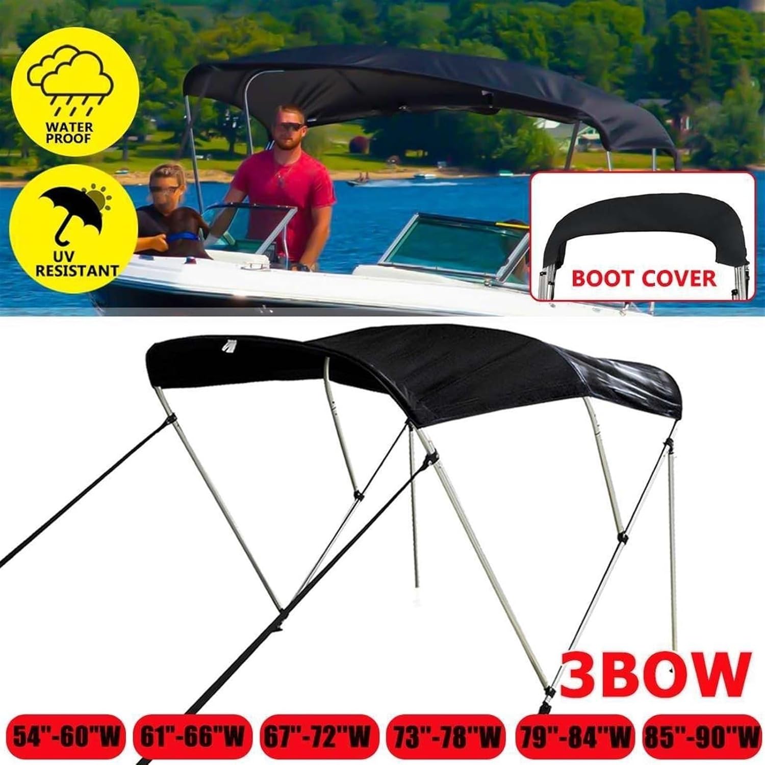 Quaingfair 600D 3 Bow Biminii Top Replacement Canvas Cover Boot Cover with Frame Waterproof Anti UV Boat Cover Marine Accessories(85-90W) - Image 7