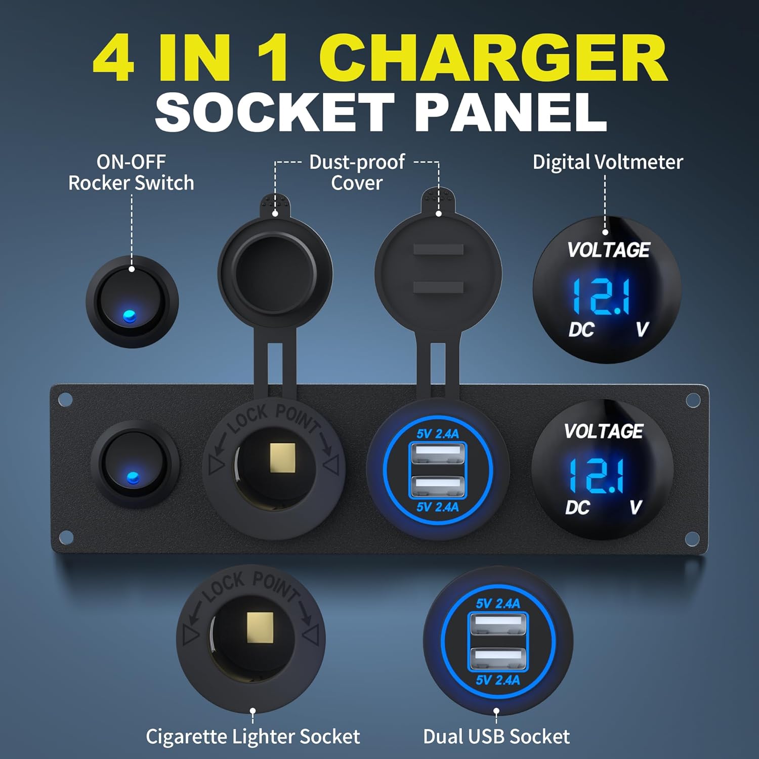RVMARINEPAT 4 in 1 Charger Outlet Socket Panel 12V DC 4.8A Dual USB Power Outlet & 12 Volt Cigarette Lighter Socket & LED Voltmeter & Lighted ON\/Off Rocker Toggle Switch for Marine Boat Truck RV Car - Image 3