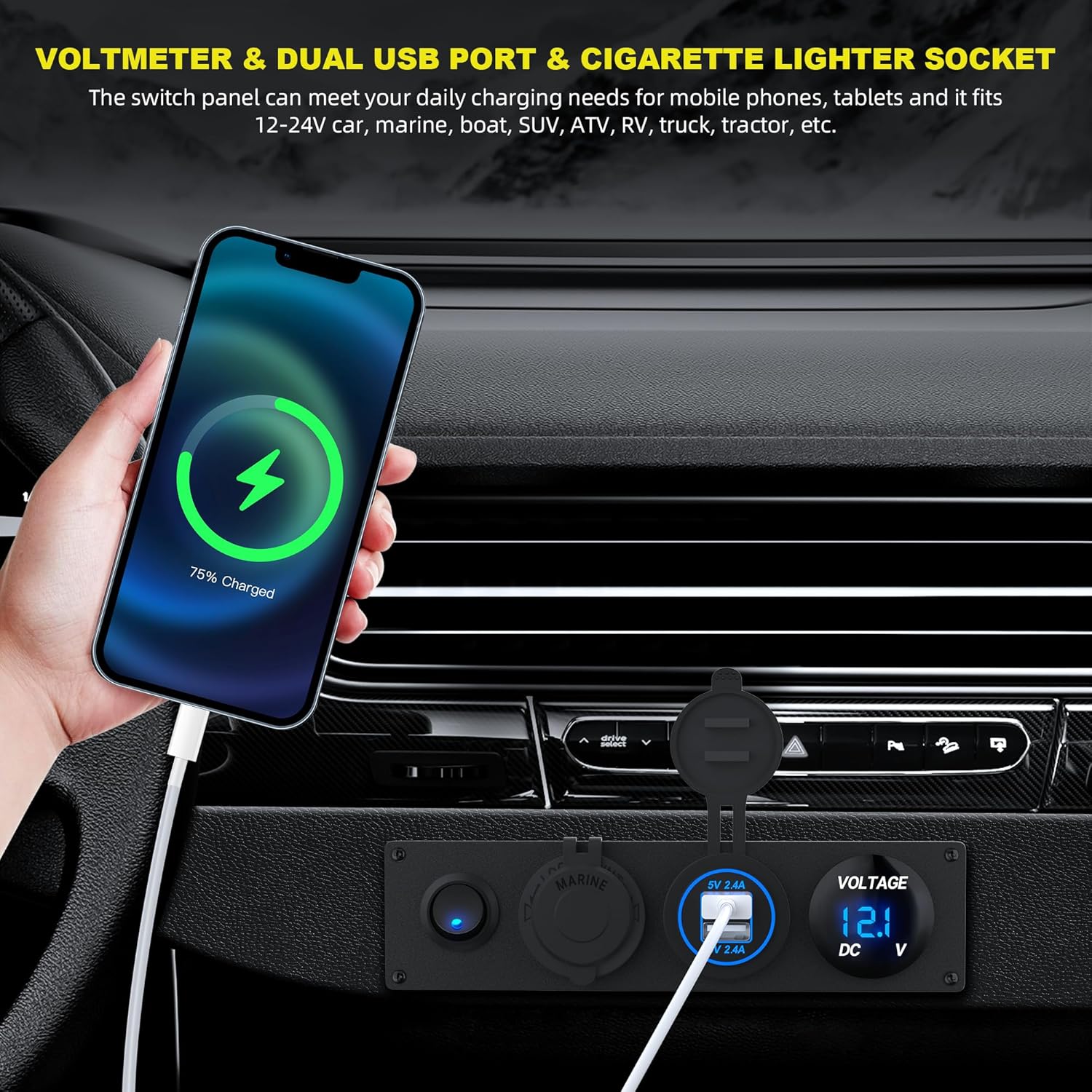 RVMARINEPAT 4 in 1 Charger Outlet Socket Panel 12V DC 4.8A Dual USB Power Outlet & 12 Volt Cigarette Lighter Socket & LED Voltmeter & Lighted ON\/Off Rocker Toggle Switch for Marine Boat Truck RV Car - Image 6
