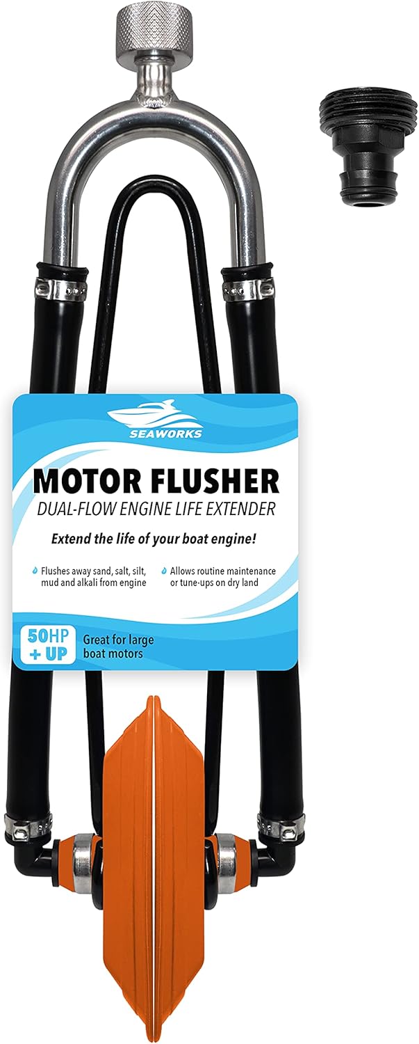Seaworks Steel Dual Feed Muff Style Heavy Duty Steel Boat Motor Flusher | Use for Antifreeze Winterization or Common Water Flush | 5\/8 Inch Standard Garden Hose Connection