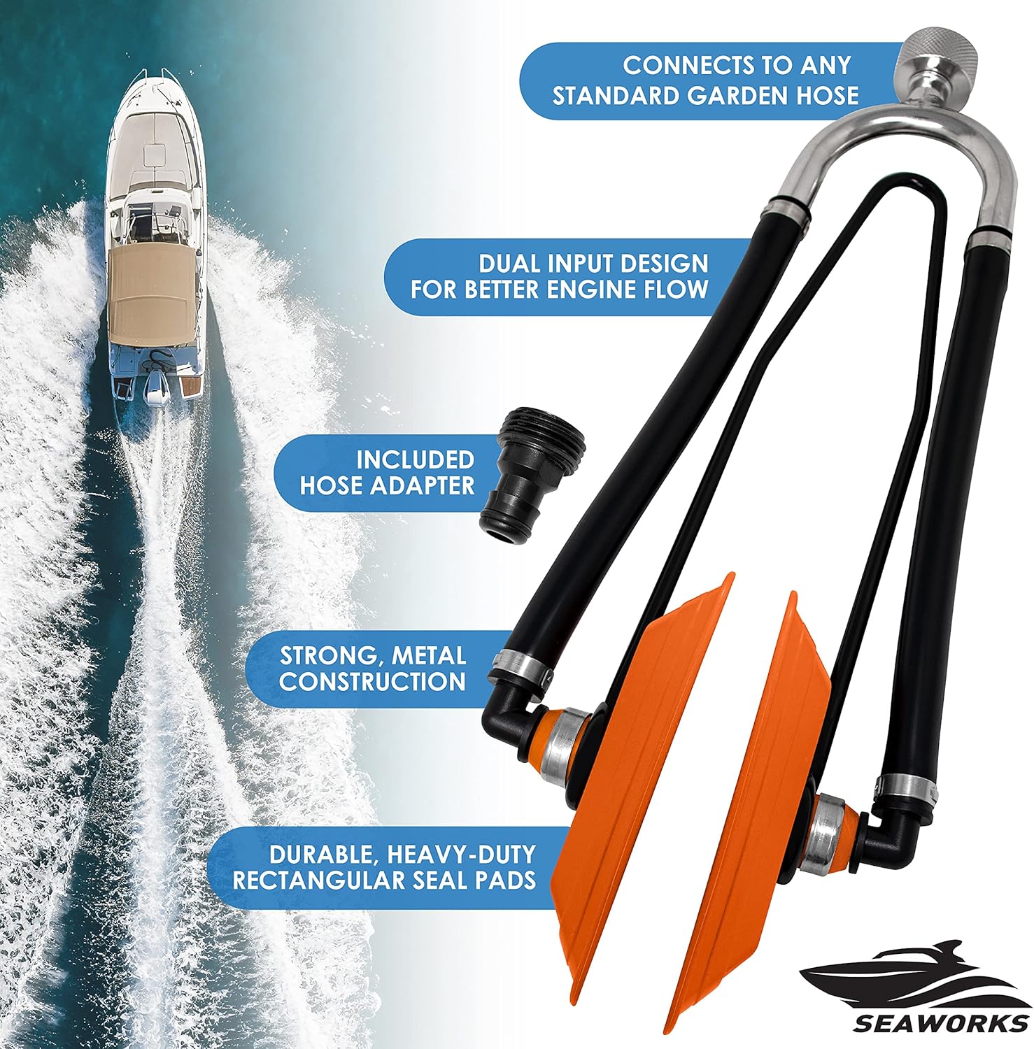 Seaworks Steel Dual Feed Muff Style Heavy Duty Steel Boat Motor Flusher | Use for Antifreeze Winterization or Common Water Flush | 5\/8 Inch Standard Garden Hose Connection - Image 2