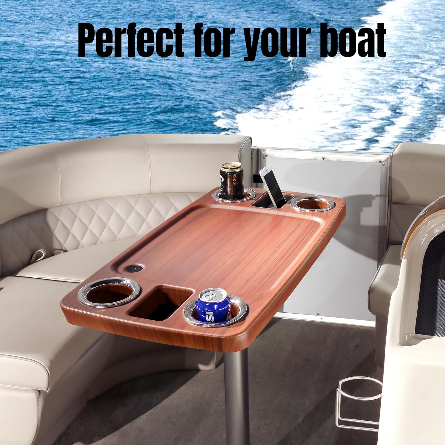 Smartmarine Boat Table Leg Set. Pontoon Boat Table Accessories, 18"x34" Removable Boat Storage Table with Pedestal Leg,4 Drink Holders, 2 Phone Stands - Image 6