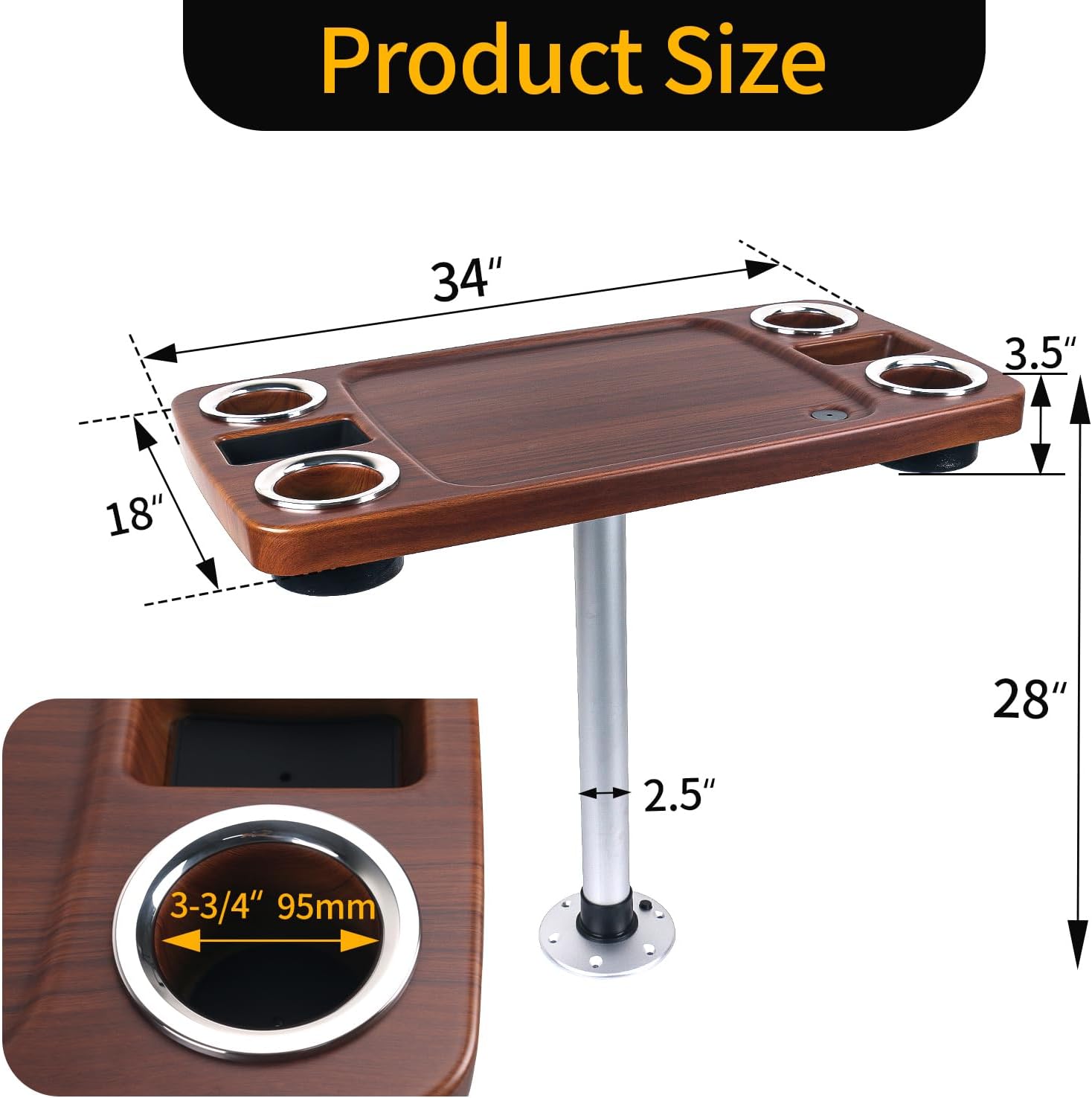 Smartmarine Boat Table Leg Set. Pontoon Boat Table Accessories, 18"x34" Removable Boat Storage Table with Pedestal Leg,4 Drink Holders, 2 Phone Stands - Image 2