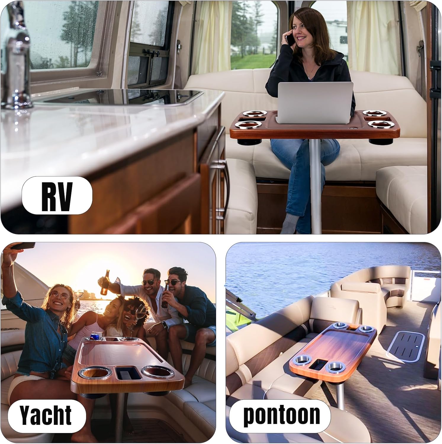 Smartmarine Boat Table Leg Set. Pontoon Boat Table Accessories, 18"x34" Removable Boat Storage Table with Pedestal Leg,4 Drink Holders, 2 Phone Stands - Image 4
