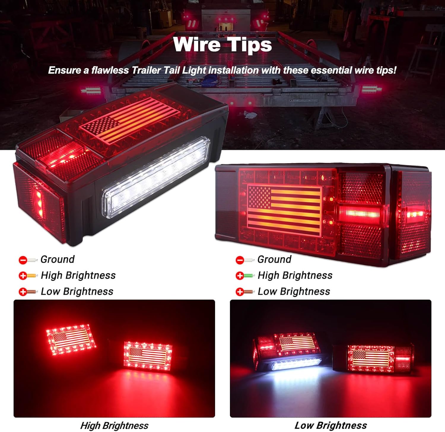 Submersible LED Trailer Light Kit Rectangle American Flag Designed 3rd Brake Lights Aluminum Alloy Base Stop Turn Tail Lights for 12V Trailer Boat Trucks Snowmobile - Image 5