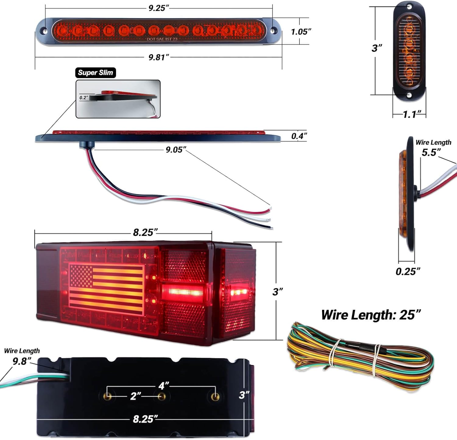 Submersible LED Trailer Light Kit Rectangle American Flag Designed 3rd Brake Lights Aluminum Alloy Base Stop Turn Tail Lights for 12V Trailer Boat Trucks Snowmobile - Image 7