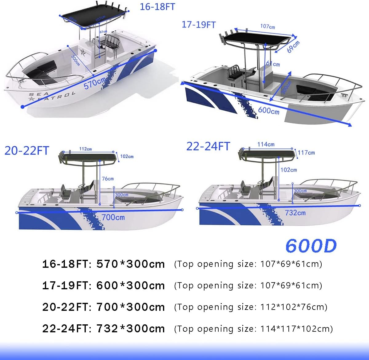 T-Top Boat Cover 600D Tear Proof Waterproof Center Console Outdoor Protection Replacement Boat Covers Sunshade Dusoof Heavy Duty Trailerable Marine Accessories Black (Size : 22-24FT) () - Image 7