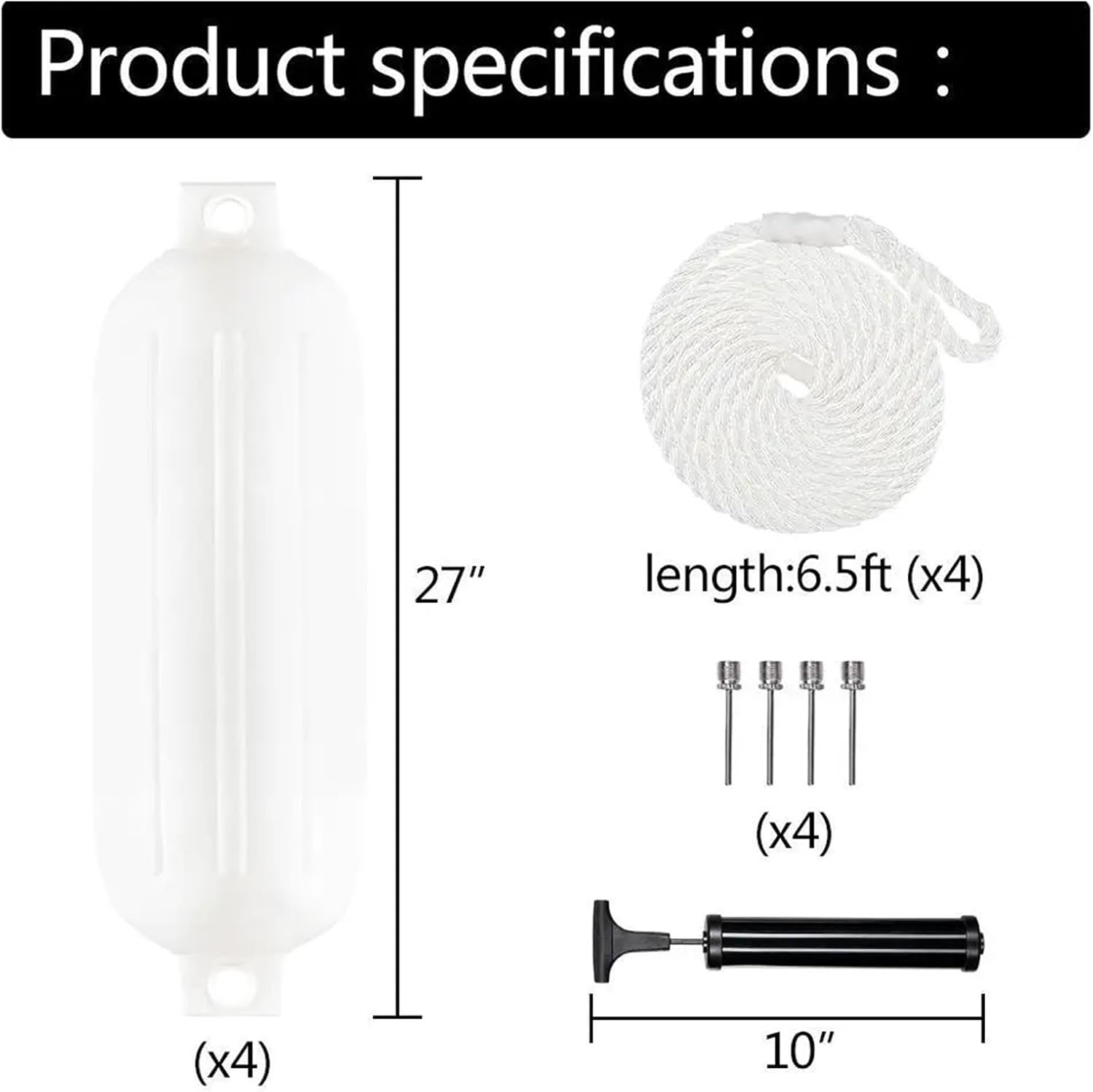 UNKOMN Marine Accessories 4 pcs 8.5" x 27" \/ 210mmx680 mm (g3) Black Boat Inflatable Bumpe Boat fenders Bumper Dock Shield Protection - Image 3