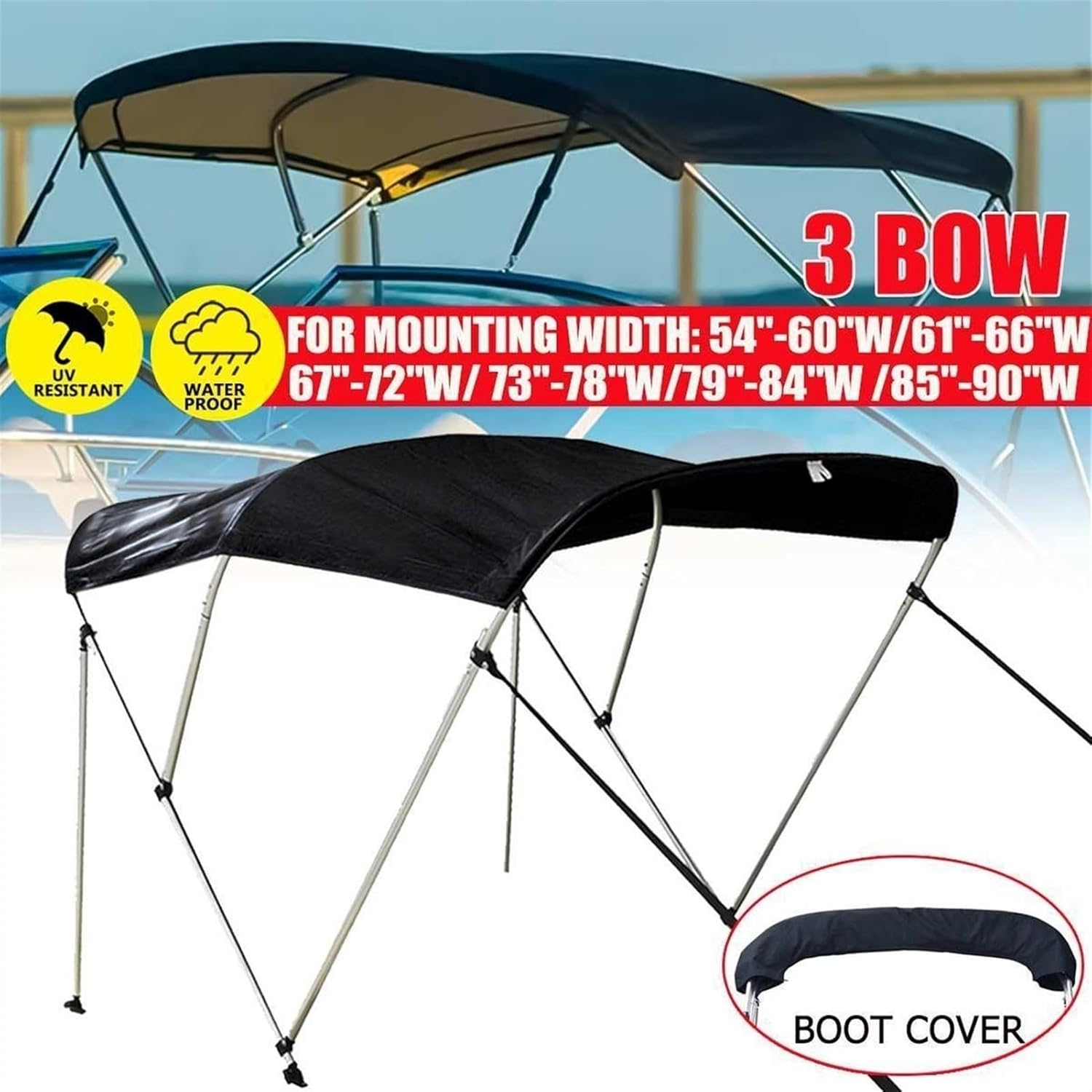 Windzerdong 3 Bow Biminii Top Replacement Canvas Cover Boot Cover with Frame 600D Waterproof Anti UV Boat Cover Marine Accessories(85-90W) - Image 7
