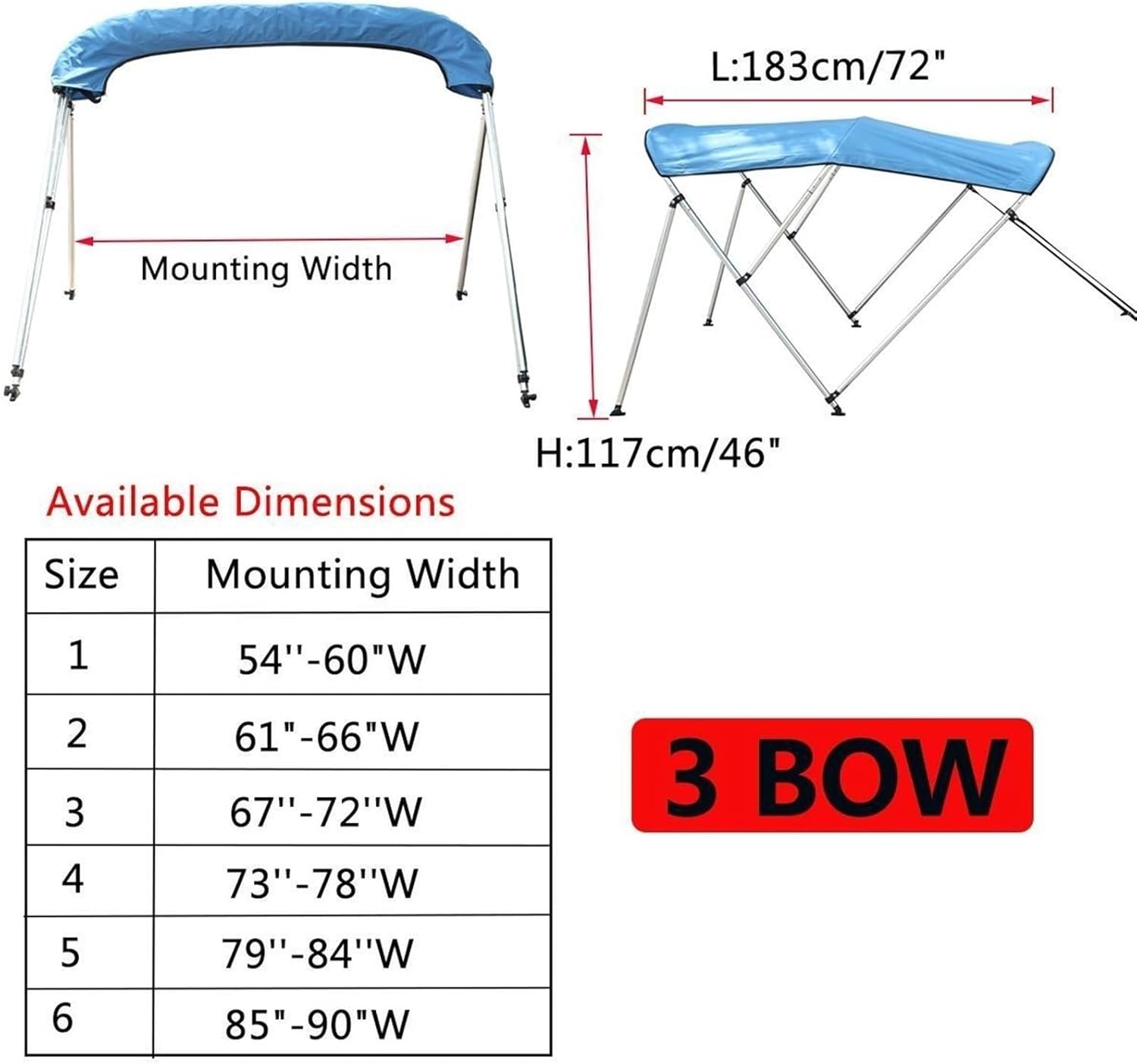 Wingxaoyy Marine Accessories 3 Bow Biminii Top Canvas Cover Roof Canopy Boot Cover w\/Frame 600D Waterproof Sunshade UV Protection for V-Hull Jon Boats(79-90 Black) - Image 3