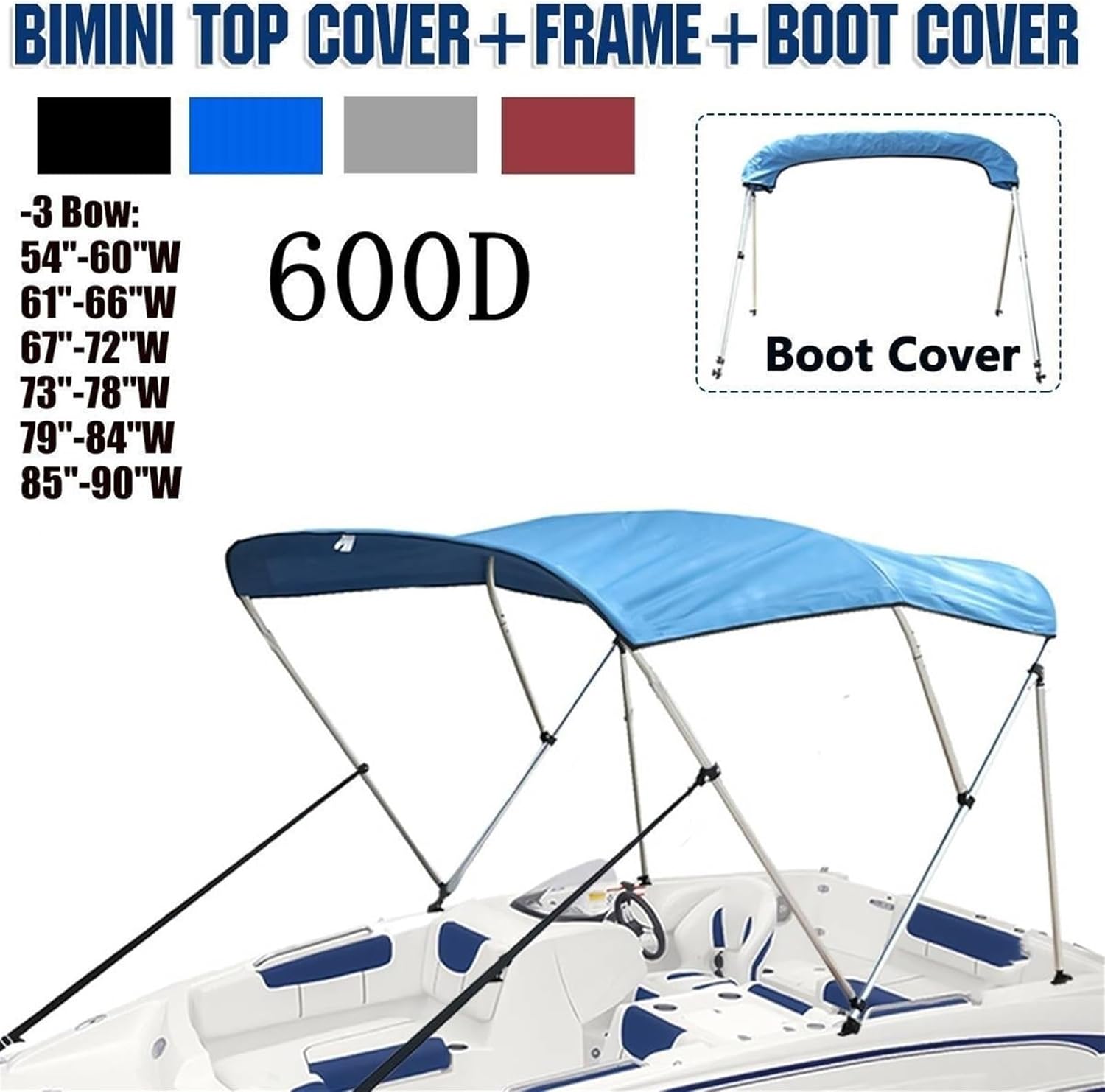Wingxaoyy Marine Accessories 3 Bow Biminii Top Canvas Cover Roof Canopy Boot Cover w\/Frame 600D Waterproof Sunshade UV Protection for V-Hull Jon Boats(79-90 Black) - Image 7