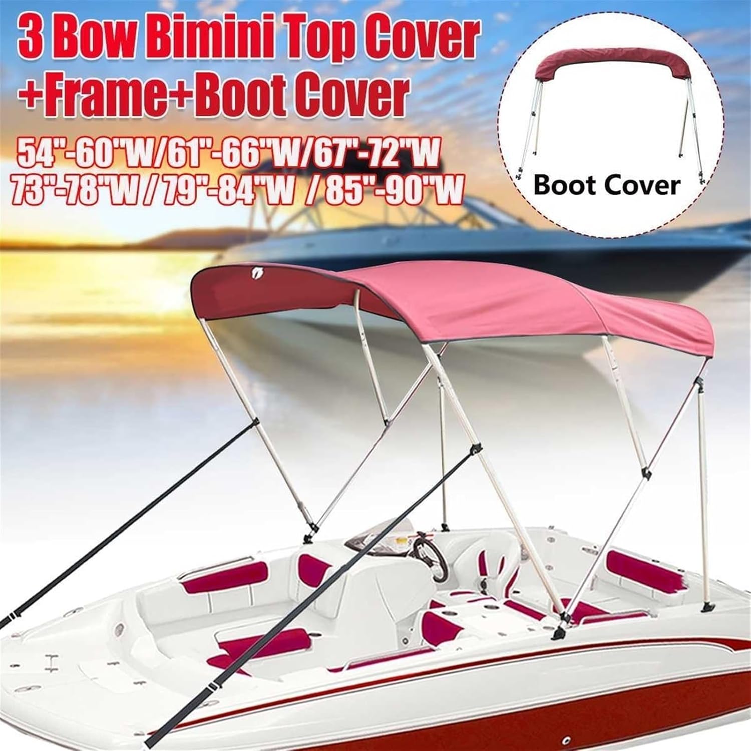 Wingxaoyy Marine Accessories 3 Bow Biminii Top Replacement Canvas Cover Storage Boot Cover with Frame 600D Waterproof Anti UV Sun Shade Heavy Duty Boat Cover(Red 85-90W) - Image 7