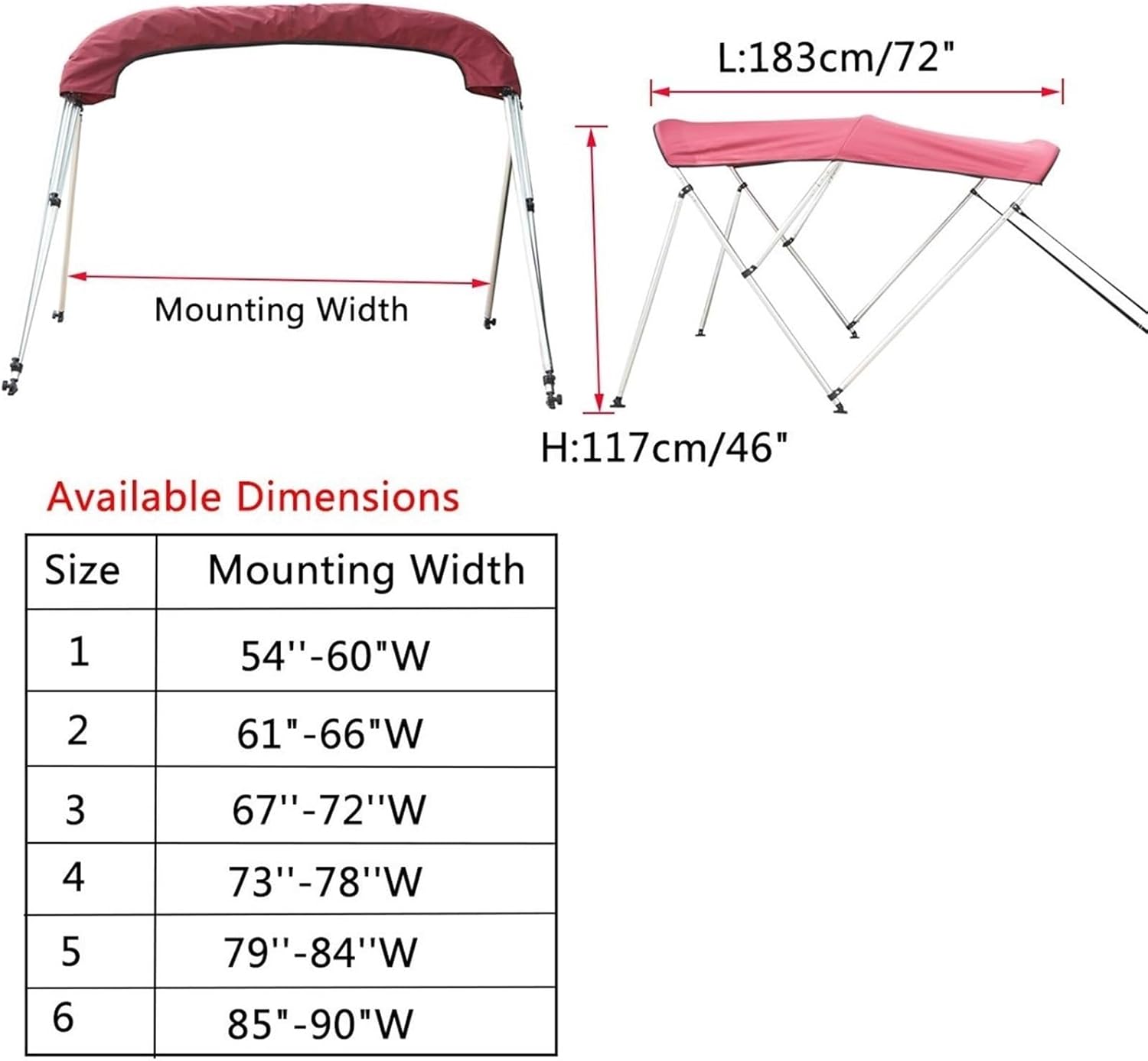 Wingxaoyy Marine Accessories 3 Bow Biminii Top Replacement Canvas Cover Storage Boot Cover with Frame 600D Waterproof Anti UV Sun Shade Heavy Duty Boat Cover(Red 85-90W) - Image 3