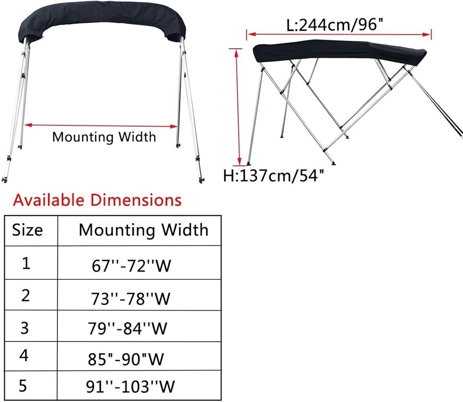 Wingxaoyy Marine Accessories 4 Bow 600D Bimini Top Cover Roof Canopy Boot Cover Storage w\/Frame Waterproof Anti-UV Protection for V-Hull Jon Boats(79-90) - Image 2