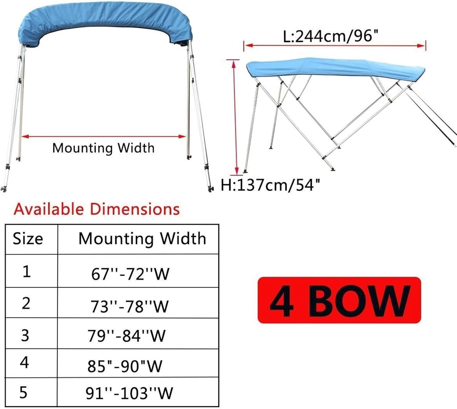 Wingxaoyy Marine Accessories 4 Bow Bimini Top Canvas Cover Roof Canopy Boot Cover Storage w\/Frame 600D Waterproof Sunshade UV Protection for V-Hull Jon Boats(79-90 Red) - Image 3