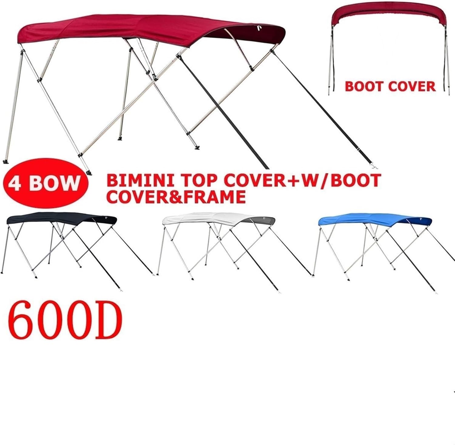 Wingxaoyy Marine Accessories 4 Bow Bimini Top Canvas Cover Roof Canopy Boot Cover Storage w\/Frame 600D Waterproof Sunshade UV Protection for V-Hull Jon Boats(79-90 Red) - Image 5