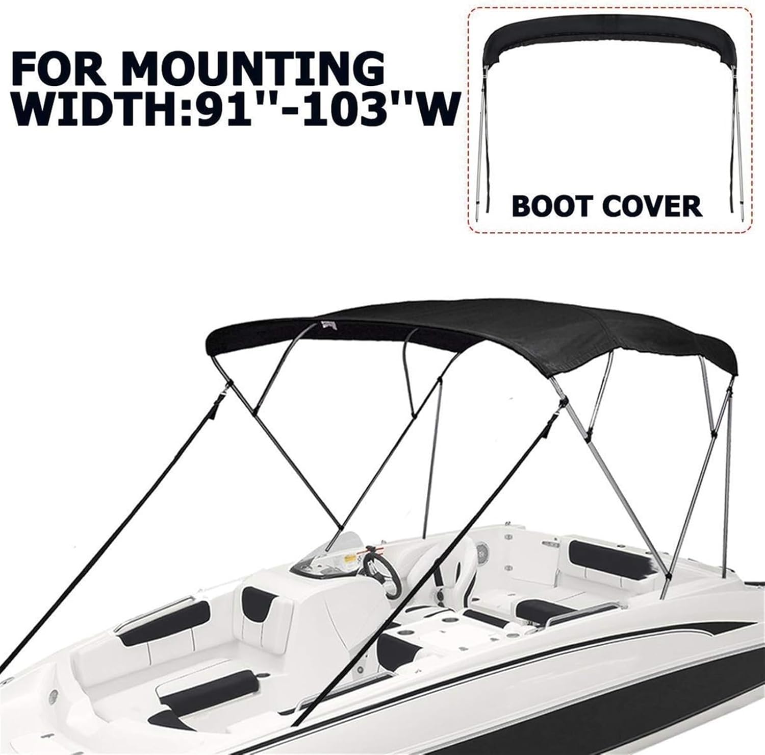 Wingxaoyy Marine Accessories 4 Bow Biminii Top Replacement Canvas Cover Boot Cover with Frame 600D Waterproof Boat Cover for V-Hull\/Jon\/Center Console Boat(Black 91-103W) - Image 2