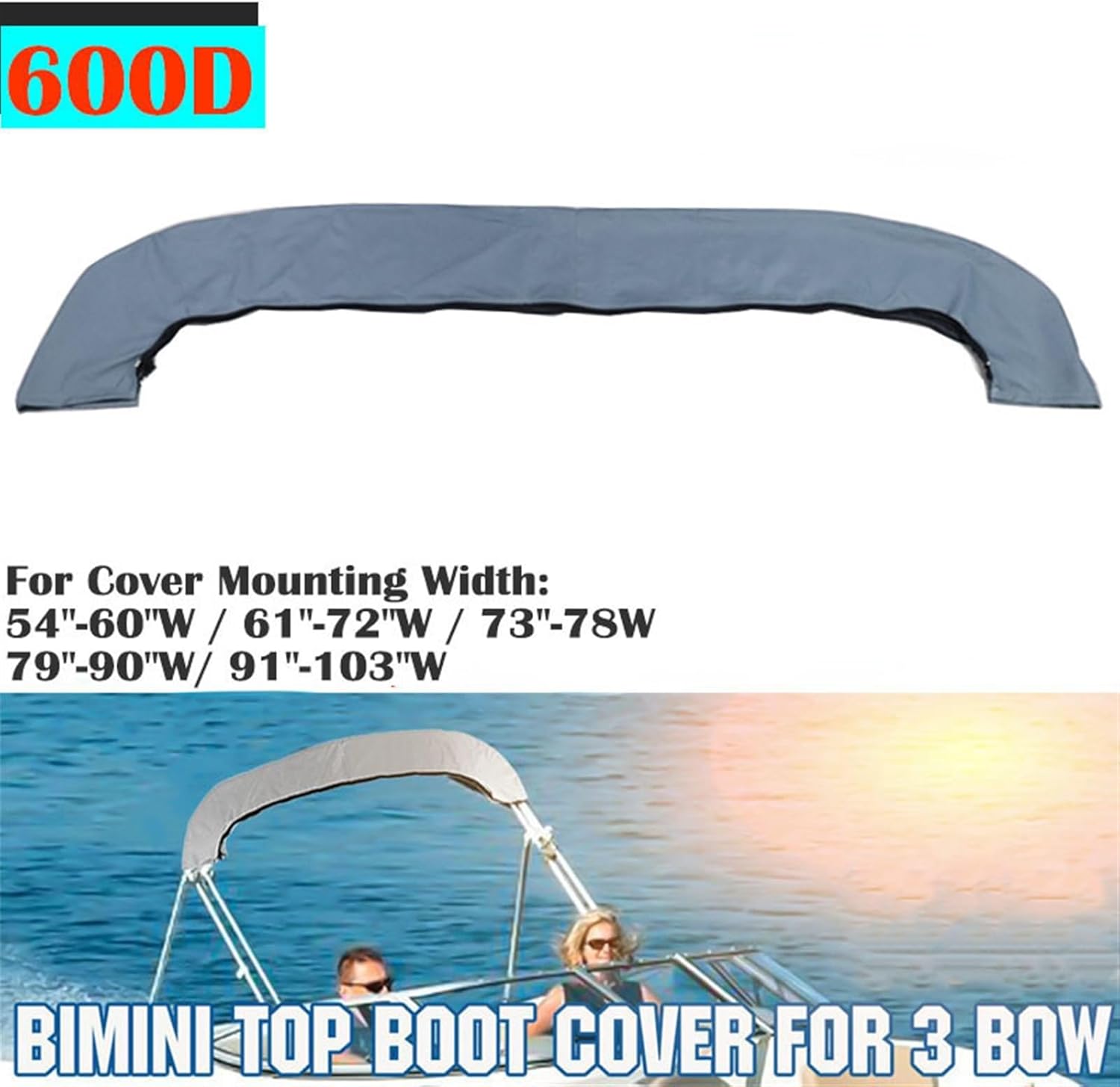 Wingxaoyy Marine Accessories 600D 3 Bow Bimini Top Boot Cover No Frame Waterproof Yacht Boat Cover with Zipper Anti UV Dustproof Cover Marine Accessories(91-103w) - Image 3