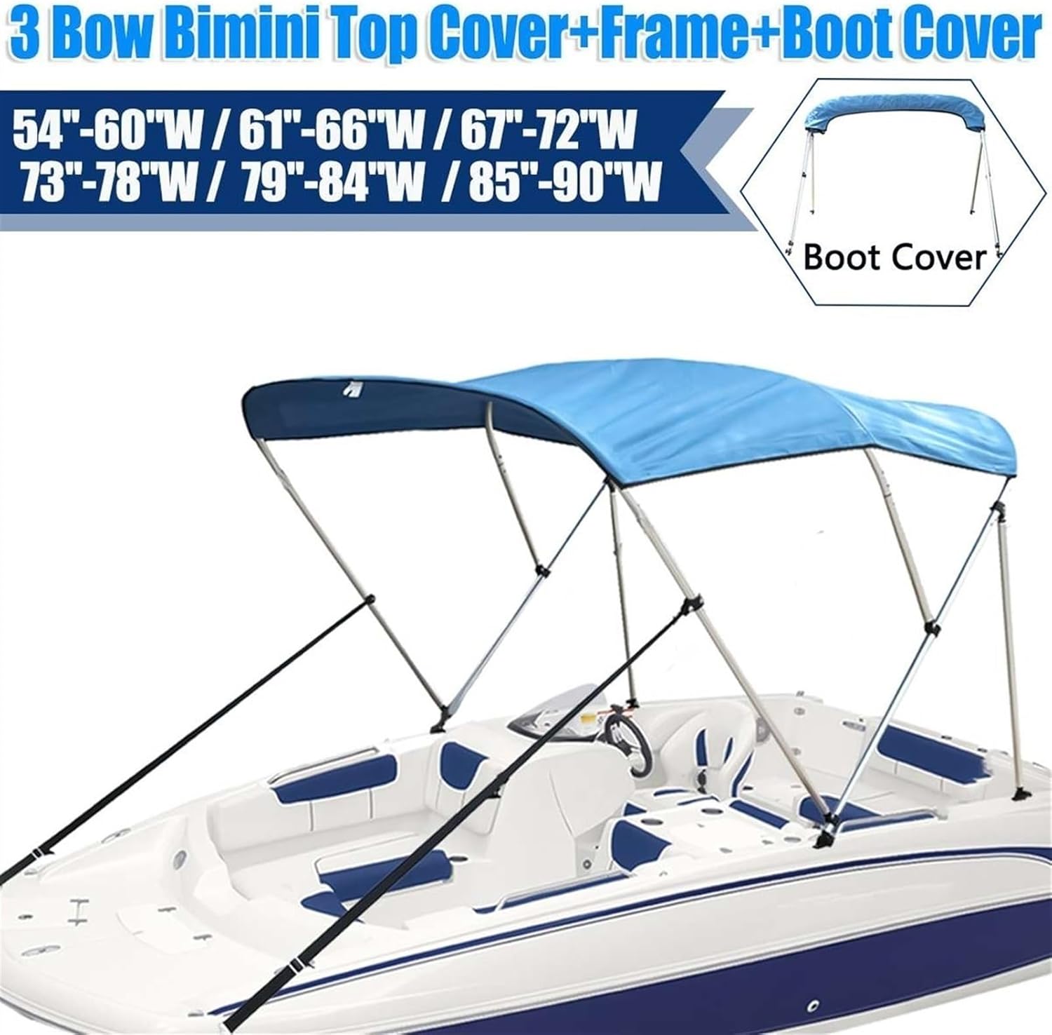 Wingxaoyy Marine Accessories 600D 3 Bow Biminii Top Replacement Canvas Cover Boot Cover with Frame Waterproof Anti UV Sun Shade Heavy Duty Boat Cover(Blue 85-90W) - Image 7