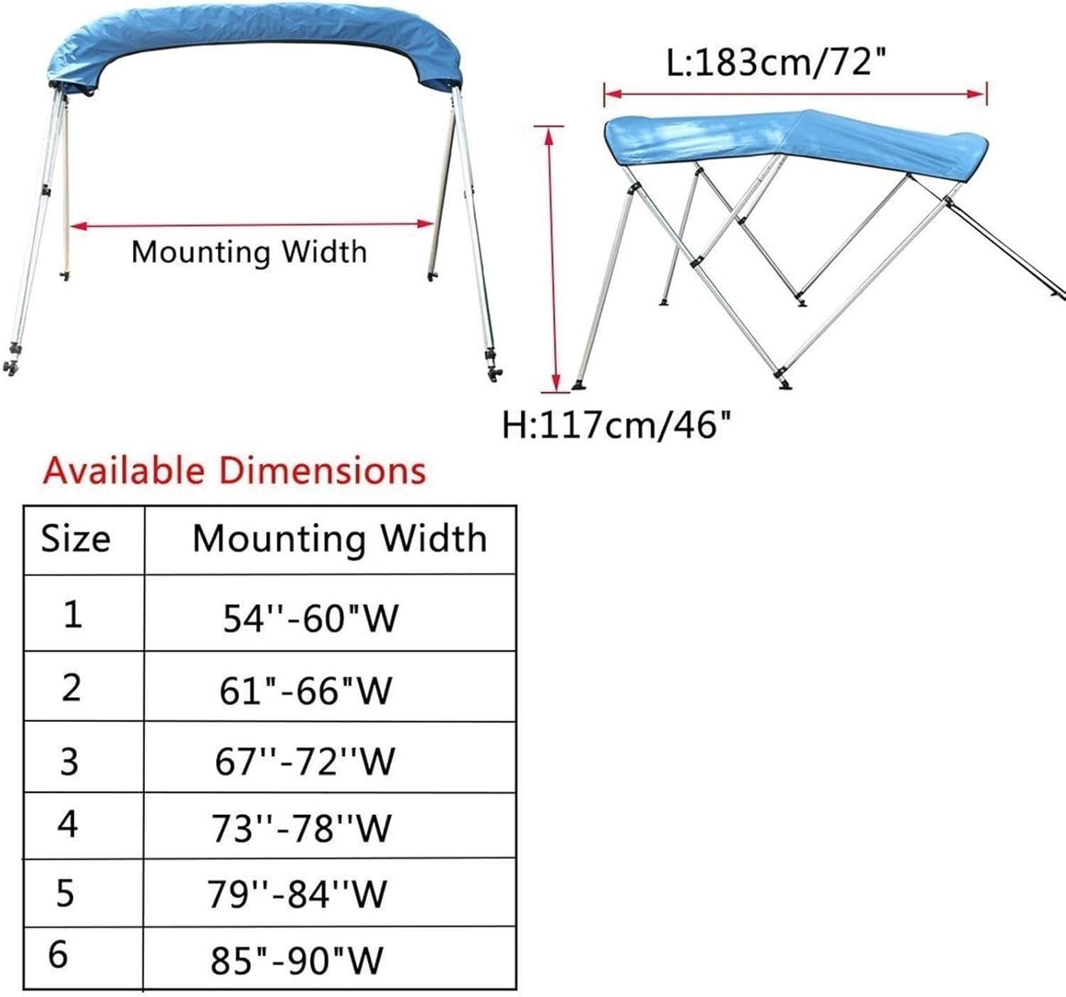 Wingxaoyy Marine Accessories 600D 3 Bow Biminii Top Replacement Canvas Cover Boot Cover with Frame Waterproof Anti UV Sun Shade Heavy Duty Boat Cover(Blue 85-90W) - Image 3