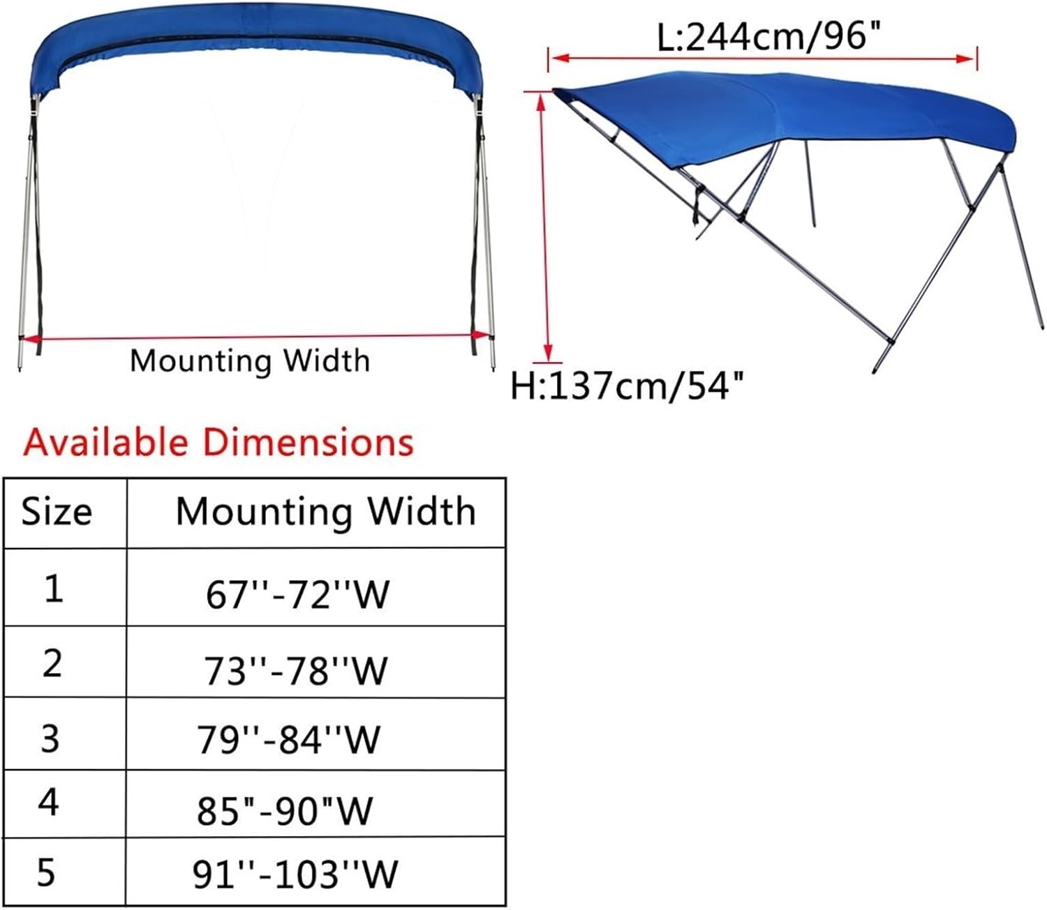 Wingxaoyy Marine Accessories 600D Boat Cover 4 Bow Biminii Top Replacement Canvas with Boot Frame Marine Cover Anti UV for V-Hull Jon Center Console Boat(Width 91-103 inch) - Image 3