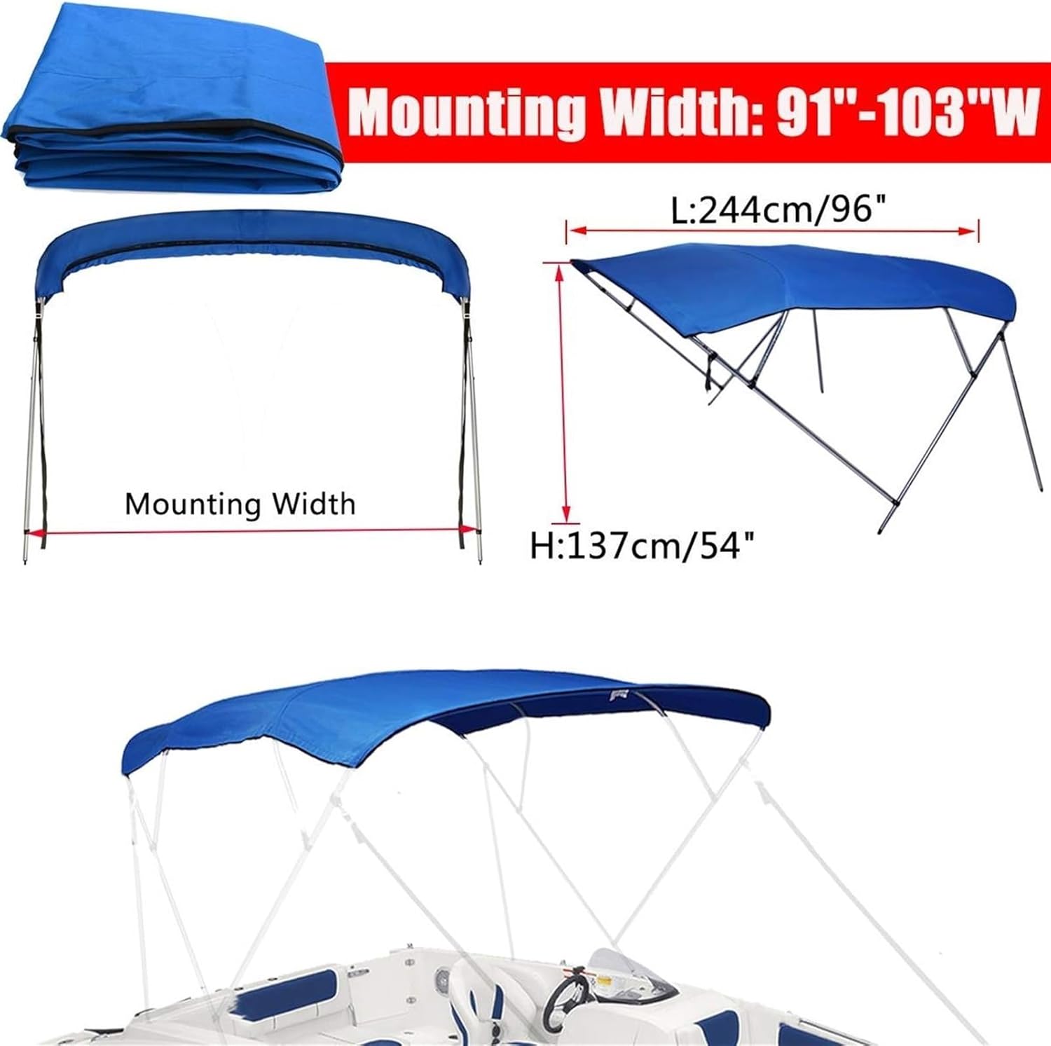 Wingxaoyy Marine Accessories 600D Boat Cover 4 Bow Biminii Top Replacement Canvas with Boot Frame Marine Cover Anti UV for V-Hull Jon Center Console Boat(Width 91-103 inch) - Image 2